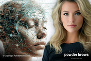 An attractive blonde woman is on the right, and a digitally created android face is on the left behind her.