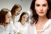 Three young women in white glothes studying on the left and an attractive woman on the right.