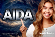 A attractive girl smiles, pointing at the letters AIDA with a space black hole type of background further back.