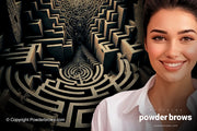 An attractive woman smiling in front and a giant maze in the back.