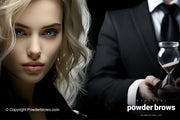 An attractive blond woman in black clothing is on the left, and a picture of a male in a suit holding an hourglass is on the right.