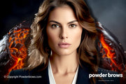 Attractive woman with a confident face in front and a lava ball on the back.