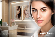 On the left is a clean room with a table, large images on the wall, and an attractive woman on the right.