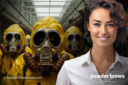 Three people in yellow hazmat suits and masks on the right, and a confident, attractive woman smiling on the right.