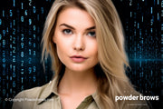 A face of a woman in the front and matrix-type numbers falling down on the back.
