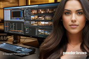 An attractive brunette woman is on the right, and a large computer screen with a video storyboard is on the back.