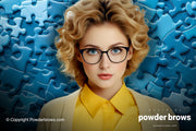 A woman with eyeglasses in front and a large picture of bluish puzzle pieces in the back.