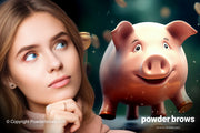 An attractive, thoughtful woman is on the left, and a happy jumping piggy bank is on the right.