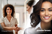 Women shake hands on the left, and a smiling woman with curvy hair is on the right.