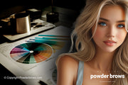 An attractive blonde girl is on the right, and color wheels and design-related items are on the left behind her.