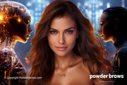 An attractive woman is in the center, an android is on the left, and a woman is on the right.