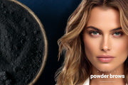 Black pigment in a can on the left and a face of an attractive woman on the right.