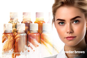 Pigment bottles of different brown colors with a stylized explosion on the left and an attractive woman on the right.