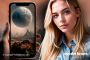 A woman on the right, and a hand holding a smartphone screen with a planet on it on the left.