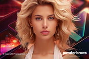 An attractive blonde woman is in the center in front, and digitally stylized images of smartphones are in the back.