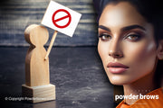 A wooden figure with a stop sign on the left signifies restrictions, and an attractive female face on the right with a neutral expression.