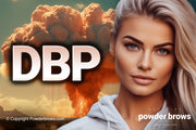 An attractive blonde woman on the right and an orange nuclear explosion on the back with letters DBP on the forefront.