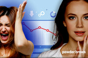A woman holding hands on her ears screaming on the left, a dowward moving graph in the middle, and a woman with an astonished face on the right.