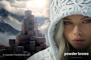 An attractive woman in front in a warm hood, and in the back, a large pile of packages on what seems to be a mountain top.