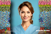 A woman with a confident smile in blue hospital nurse clothing is in front, and a cross-section of the epidermis is on both sides.