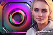 An attractive blonde woman is on the right, and a large metallic digitally created picture reminding an Instagram logotype is on the back.
