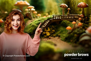 A woman with reddish curly hair in front points at stairs in a fairy-tale world with mushrooms and fairly-tale wood elements.