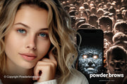 An attractive woman is on the left, and masses of zombie-like people are on the right, with a large smartphone and a scary face on the screen.