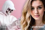 A woman on the right and the left is a skeleton with a white hood and smartphone.