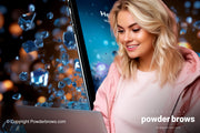 Attractive woman with a laptop in front and a stylized smartphone with flying ice-cube-like cubicles flying around it.