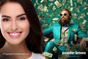 A smiling woman's face is on the left, and a man in a green suit with sunglasses is on the right, with bills (money) flying down from above.