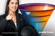 Black-haired woman in a leather jacket and helmet in front and a large funnel on the back.