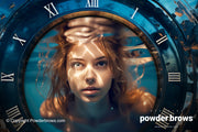 A futuristic picture of what seems to be a clock with a woman with red hair floating out of the center of it as if she were in water.
