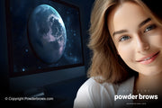 An attractive woman on the right is smiling, and a picture of a computer (similar to Imac) on the left with a photo of Earth on the screen.