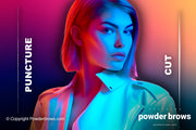 An attractive woman with a blue shadow in front of a gradient line with