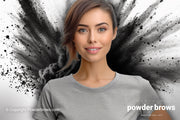 An attractive woman in a gray t-shirt in front and a gray pigment explosion on the back.