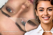 A picture of a woman's face with powder brows with an additional zoomed-in section of the head of one brow with the hair stroke style lines added to the head section of the brow. A smiling woman with curly hair on the right.