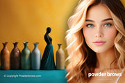 An attractive woman on the right is a row of bottles, and a figure of a woman in the middle of them stands out on the left.