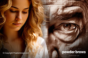 An attractive woman is looking down in front, and the large face of an elderly, serious man with one eye visible is looking straight at the camera on the back.