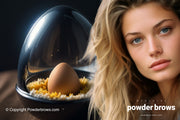 An attractive woman with light hair on the right and an egg inside a glass dome on the right.