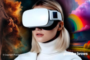 A woman with a VR headset in the center, a pigment explosion from earth on the left and a stylized rainbow on the right.