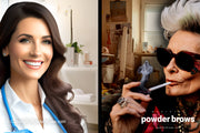 An attractive woman in beautician or medical clothing smiling on the left, a picture of an older tattooed gray-haired lady with a facial tattoo and cigarette on the right with a messy room in the background.