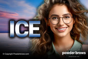 A woman with curly hair and glasses in front, letters