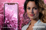 There is an attractive woman on the right and a phone merging with a pink background on the left.