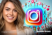 An attractive woman in front is smiling, and in the back is a symbol similar to the Instagram logo, with many people gathering around it and hearts flying around.