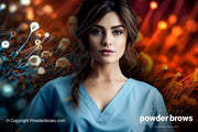 A woman with black hair and medical lab clothing is in front, and a closeup picture of molecules is in the back.