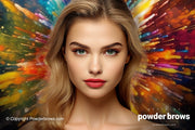 The face of an attractive woman in front and a pigment explosion with various colors in the back.