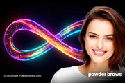 An attractive woman is in front, and a stylized infinity logo is on the back.