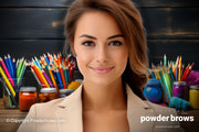 An attractive woman is in front, and in the background, there are different colored pencils.