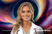 An attractive woman in front, and a stylized circle of life in the background.