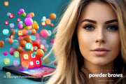An attractive woman is on the right, and a smartphone with bubbles symbolizing likes and engagement is flying out from the left.